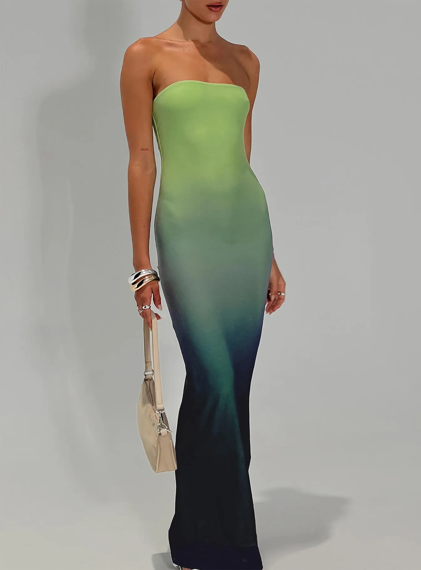 Stolen Love Strapless Maxi Dress Blue / Green Ombre Tall Sleek Fashion