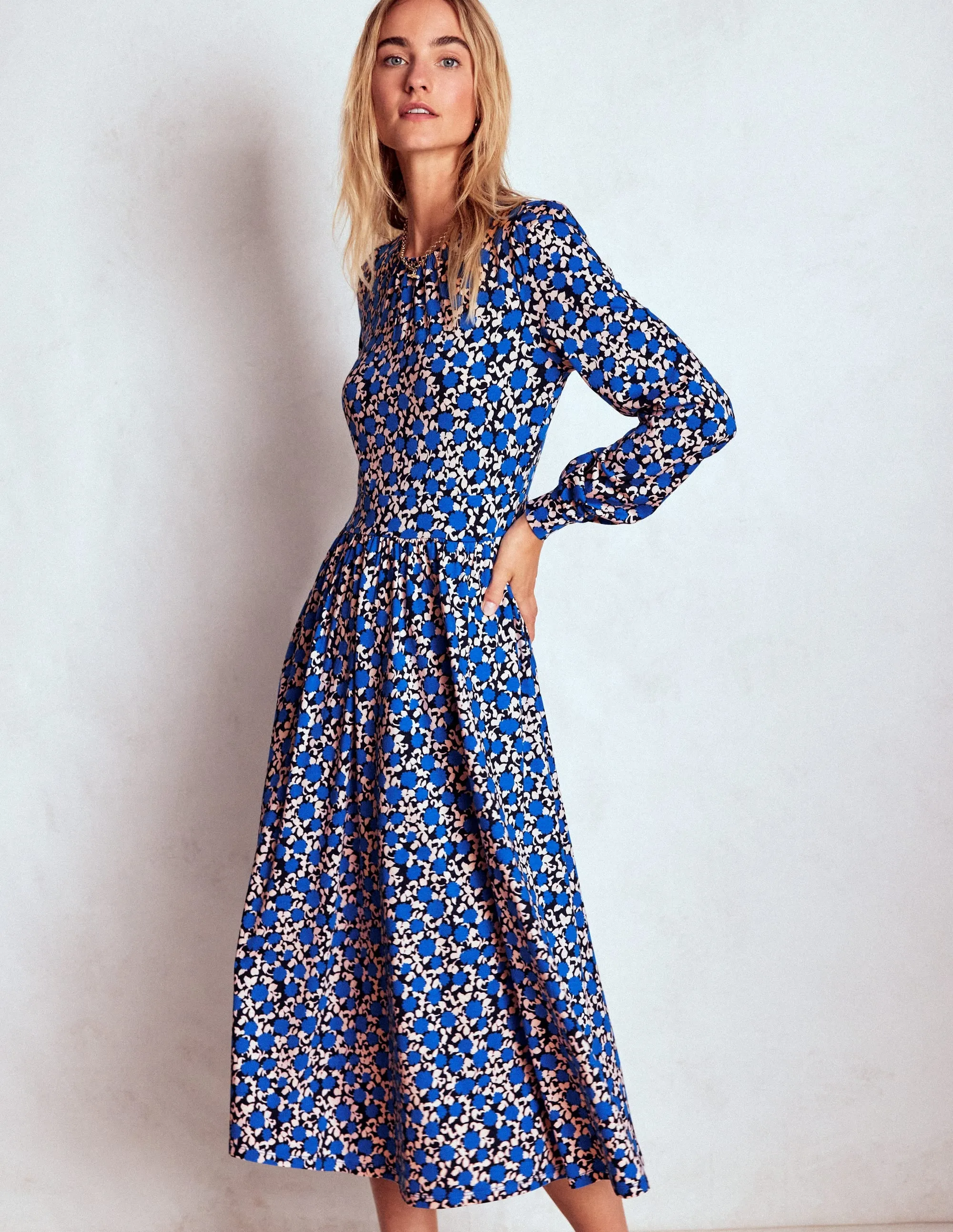 Classic outdoor midi Alexandra Jersey Midi Dress-Kingfisher Blue, Floweret Vine