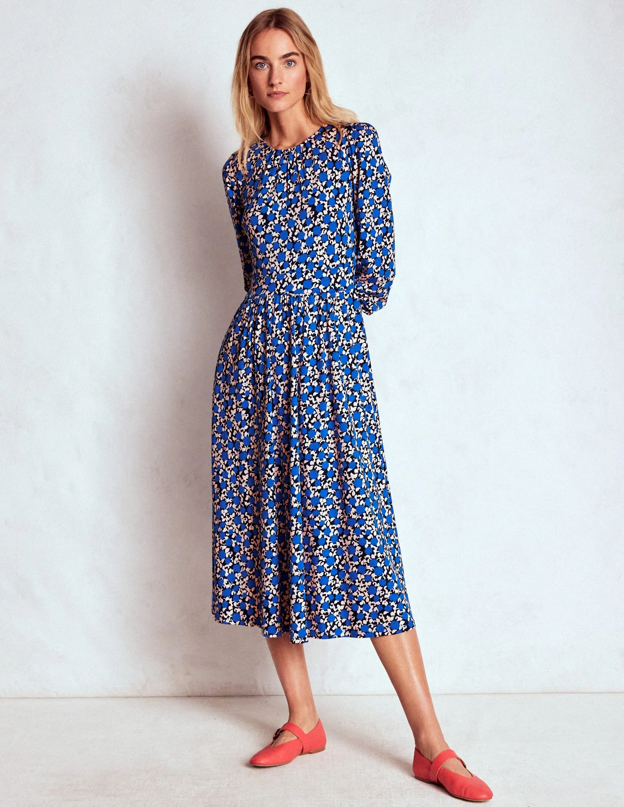 Road Trip Alexandra Jersey Midi Dress-Kingfisher Blue, Floweret Vine