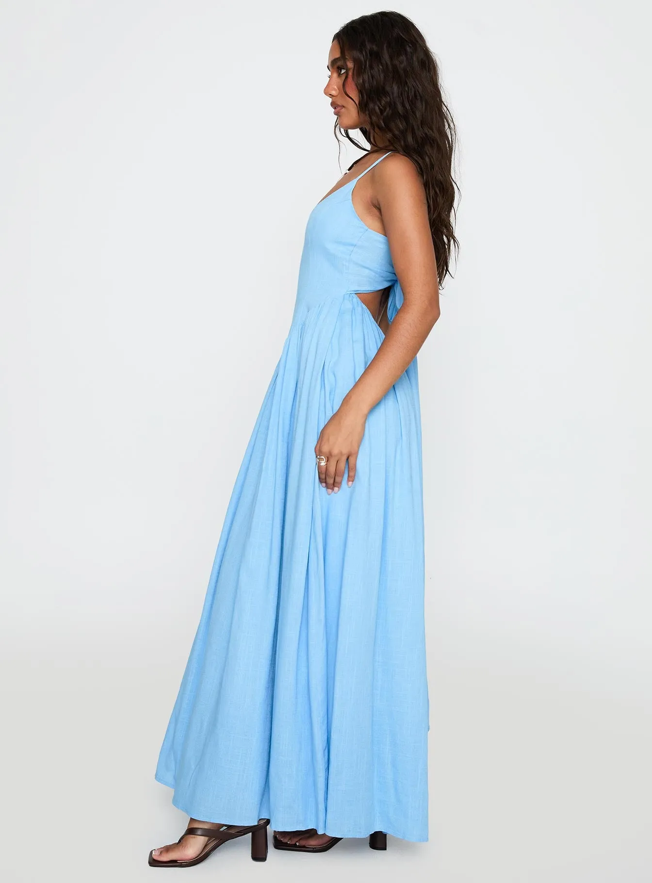 Palisades Tie Up Maxi Dress Blue Dusty Rose Luxurious long dress