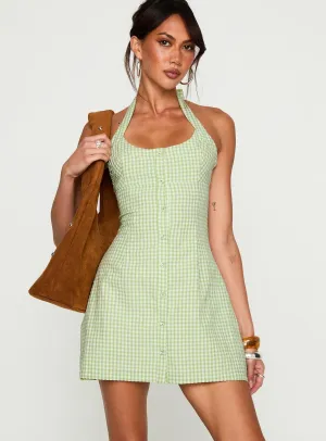 Mallorie Halter Mini Dress Green Check Shiny Tone