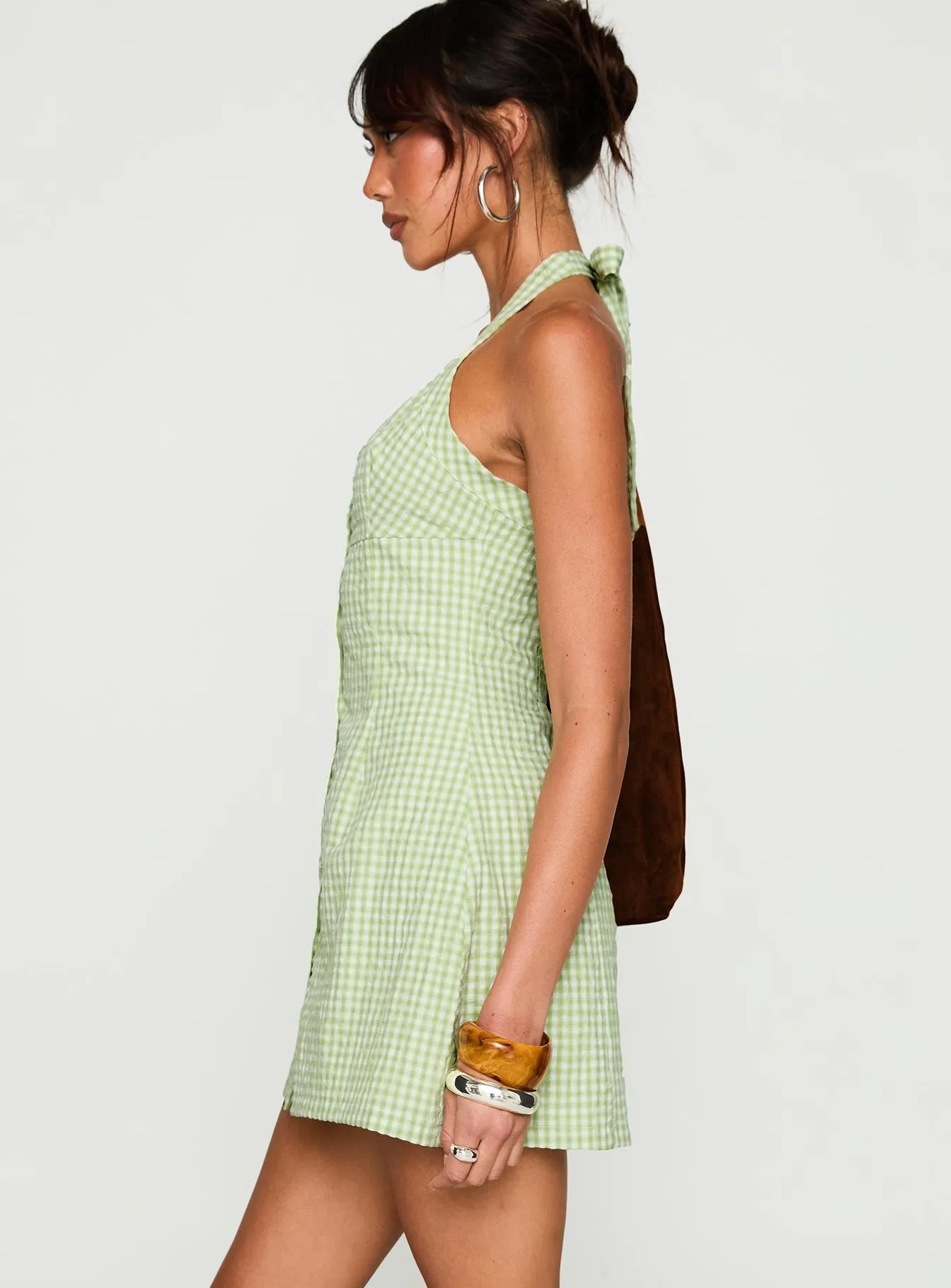 Trendy Outfit Mallorie Halter Mini Dress Green Check