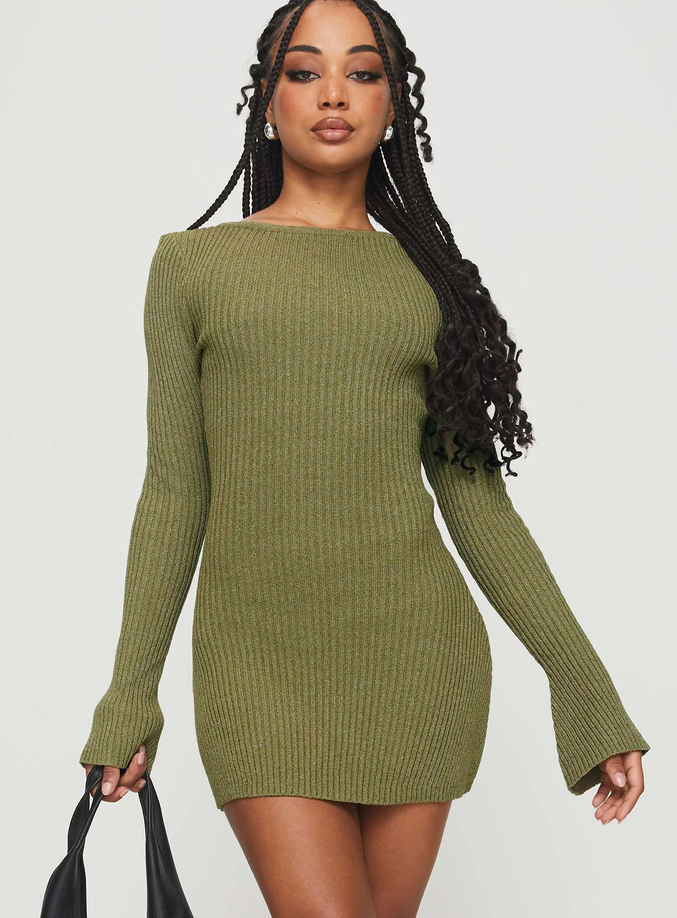 Osment Long Sleeve Knit Mini Dress Olive Fun casual mini