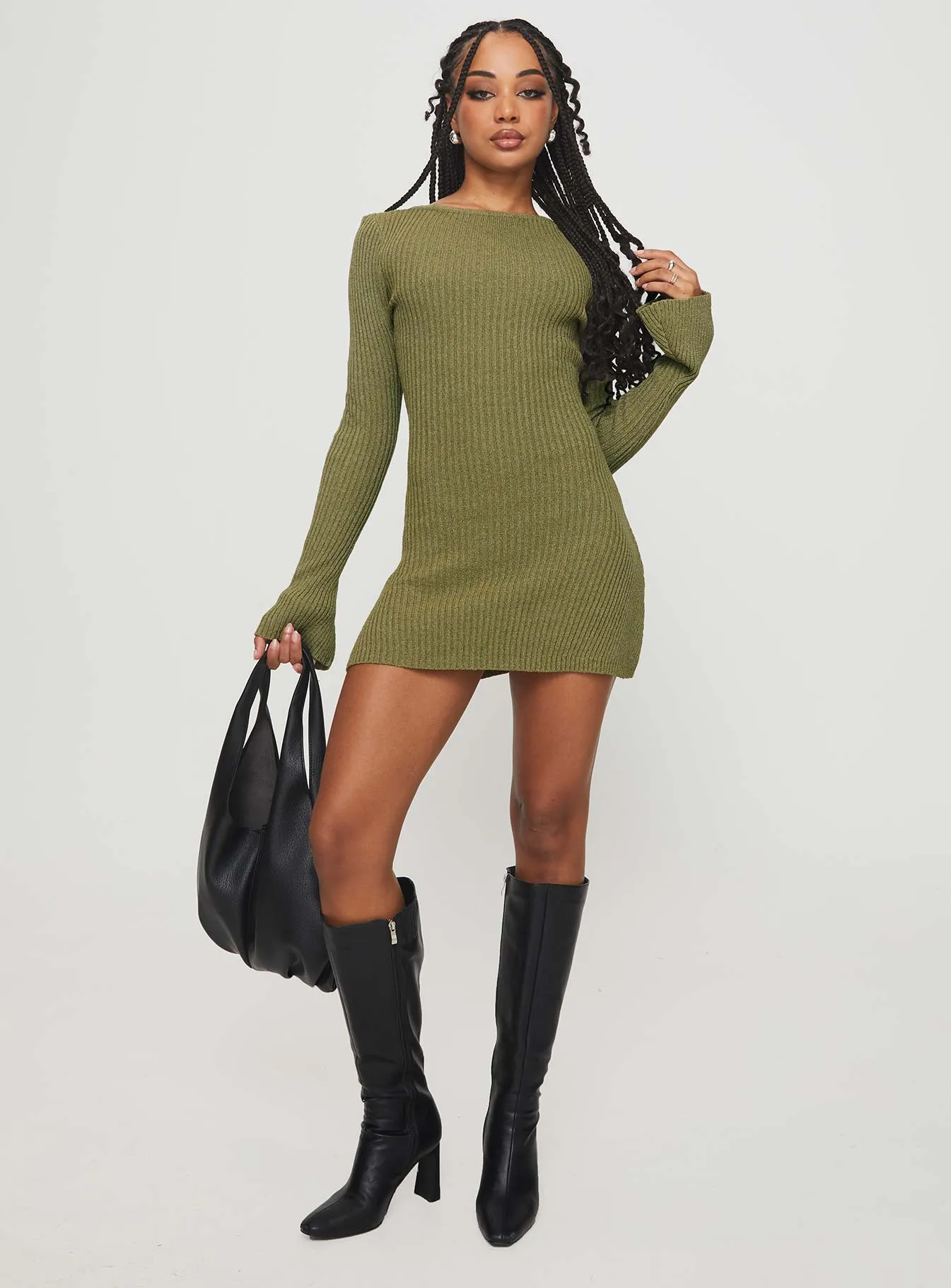 Osment Long Sleeve Knit Mini Dress Olive Sleek Fashion