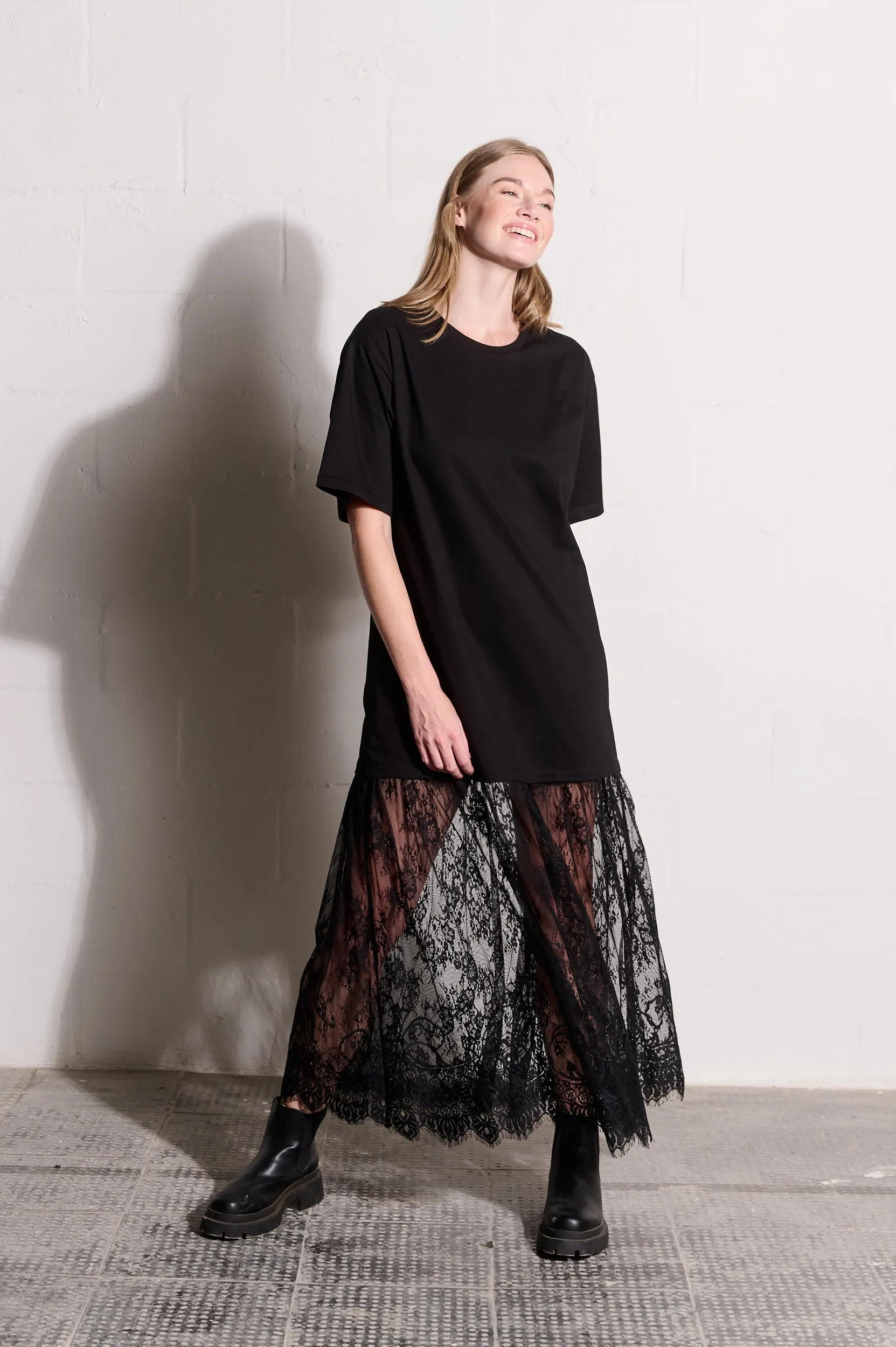ReinforcedHems HygroscopicFiber Combo T-Shirt Dress with Lace Skirt