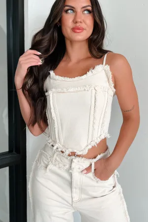 Getting Looks Frayed Hem Denim Corset Top (Off White Denim) Odor Control Technology female users