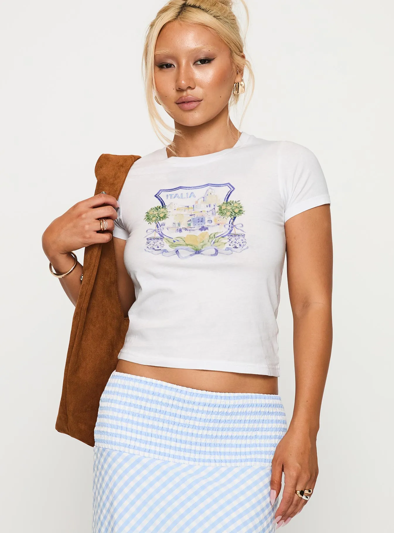 Italia Lemon Bow Graphic Top White athletic style V neck