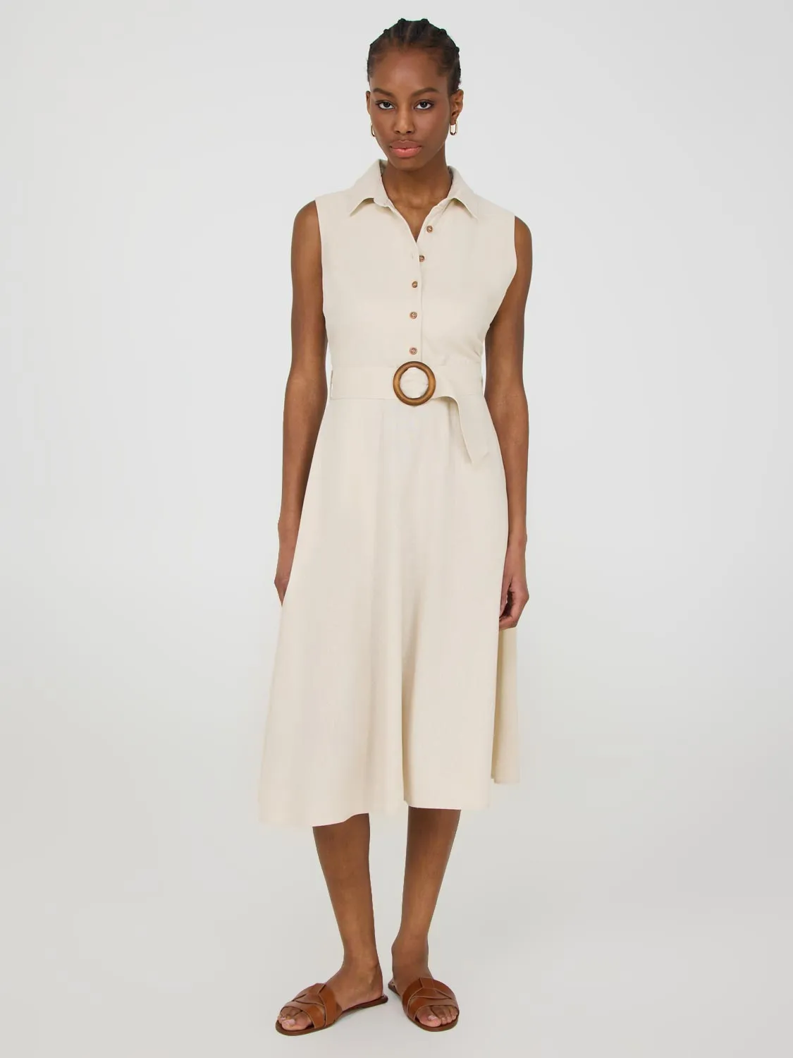 Sleeveless Linen Button-Front Midi Dress old town