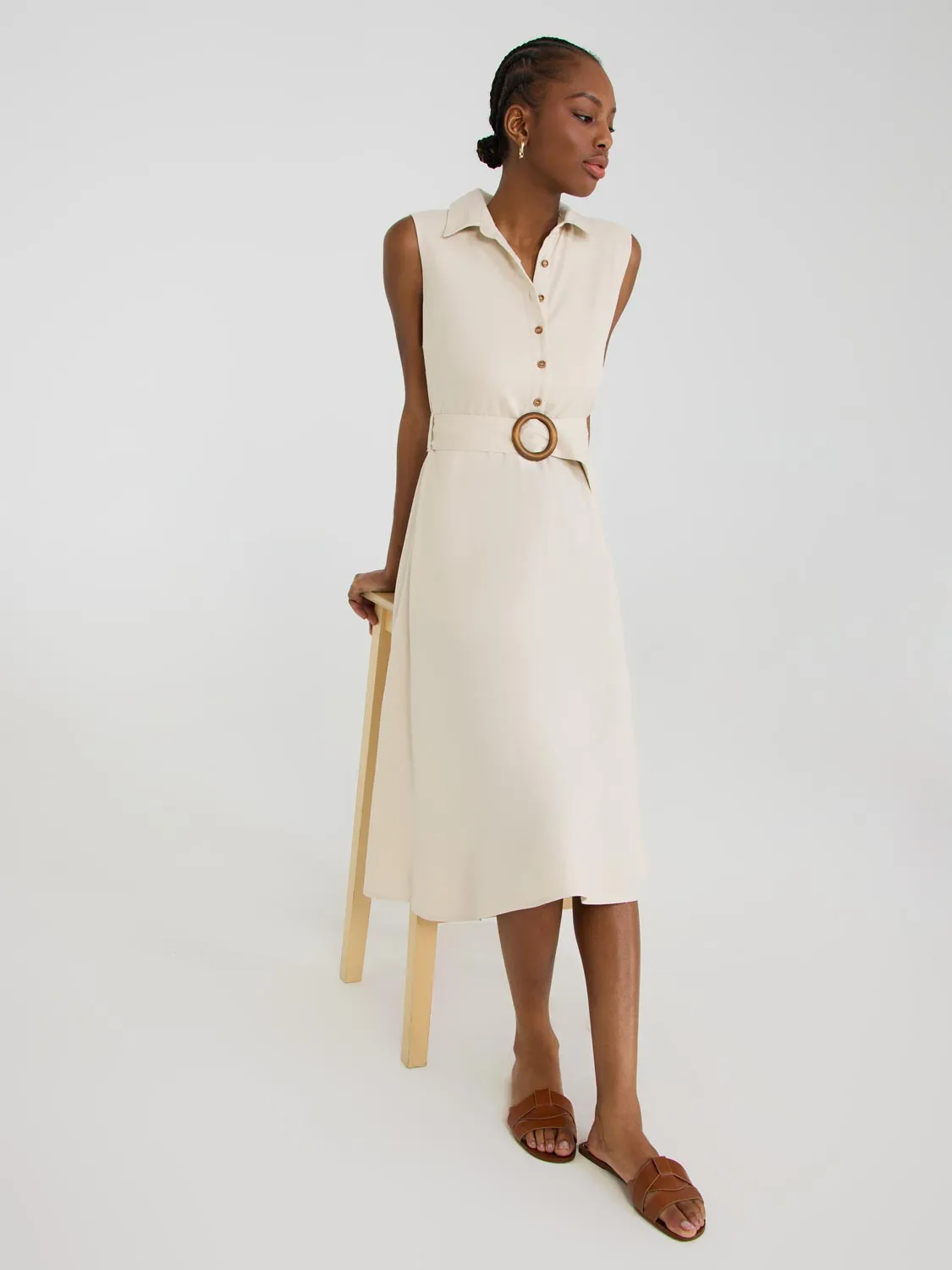 Modern Grace Sleeveless Linen Button-Front Midi Dress
