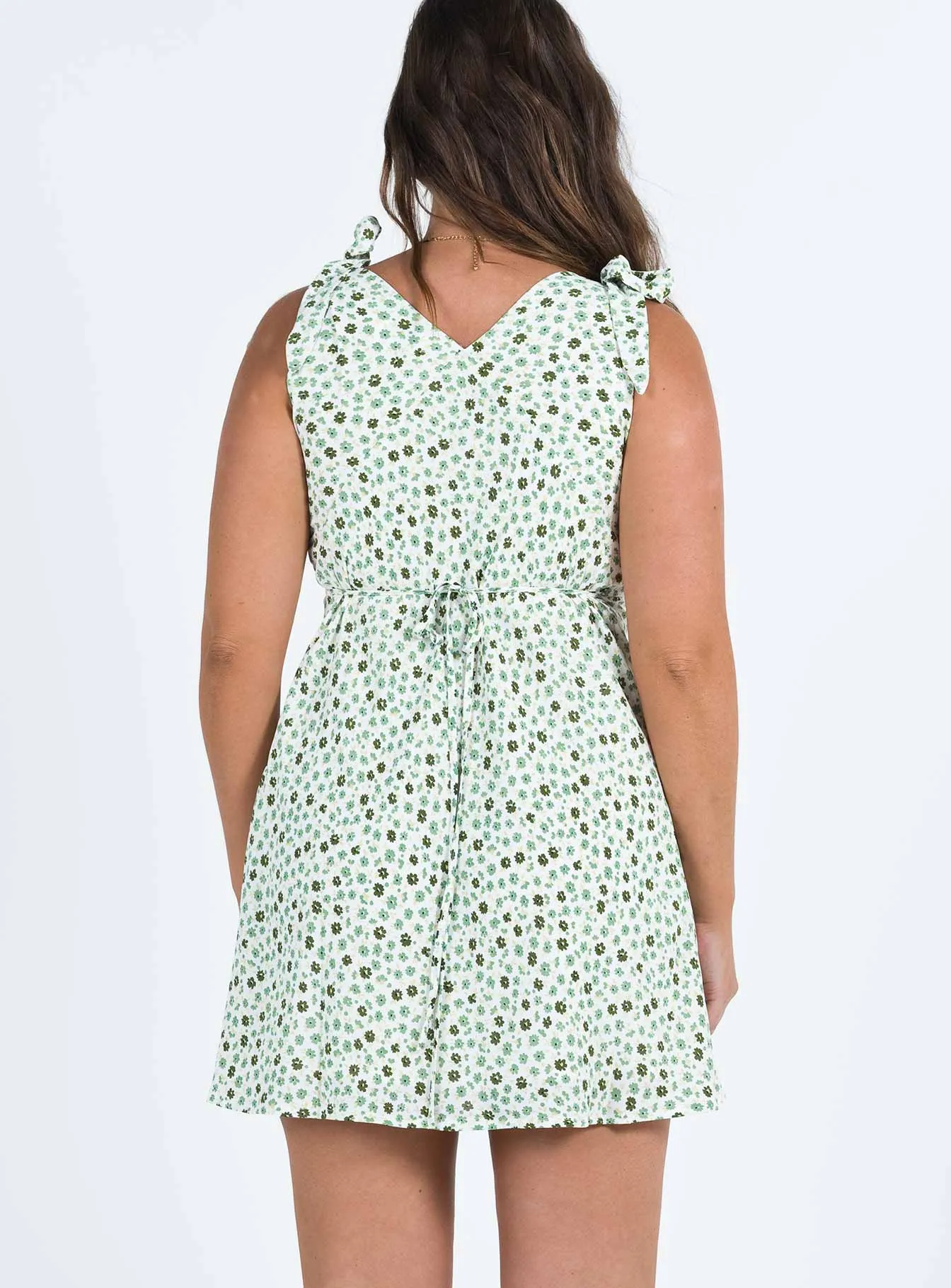 Nellie Tie Shoulder Mini Dress Green Floral Edge Mood Light and Breezy