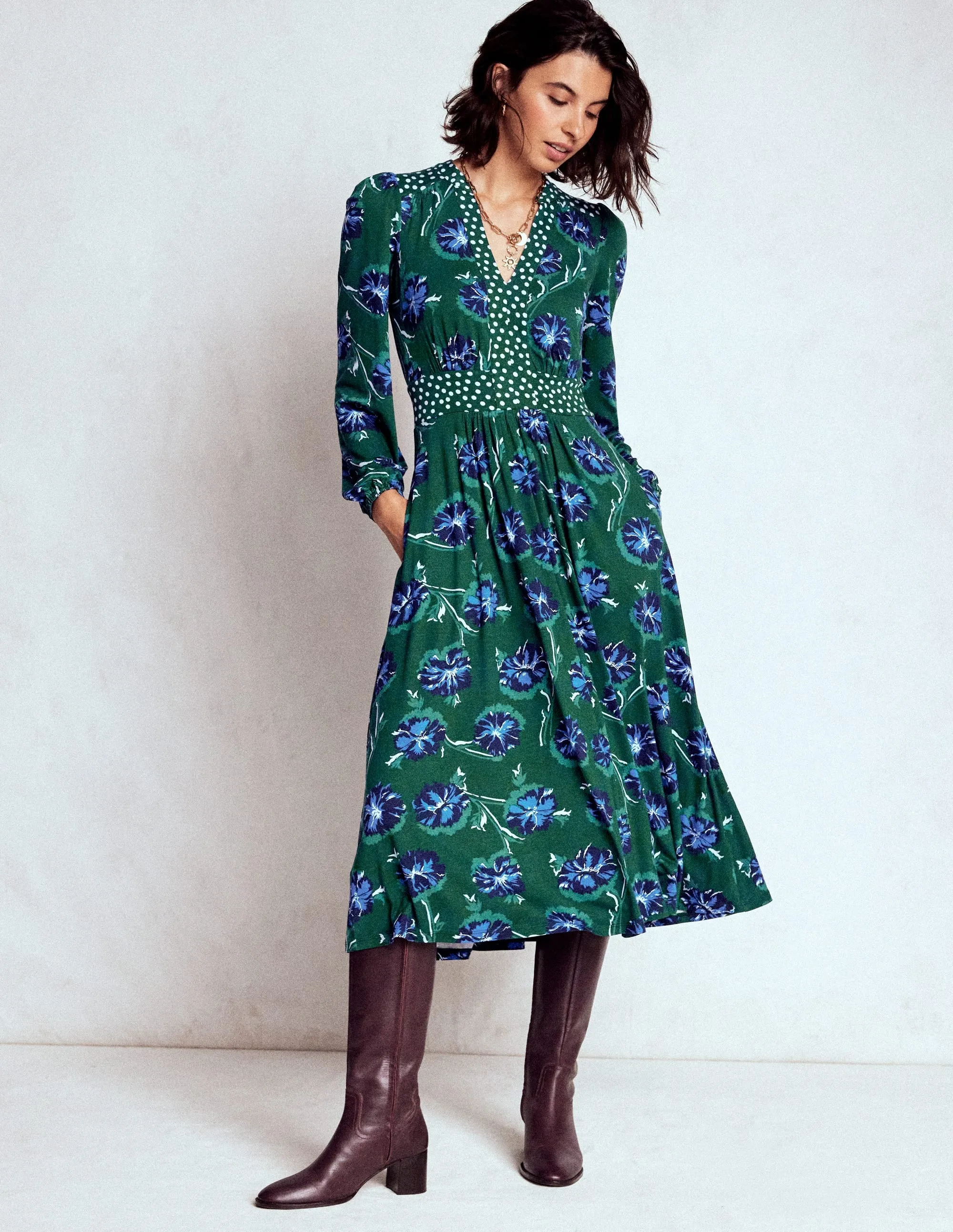 Day-To-Night Wear Chill Ready Lily Long Sleeve Midi Dress-Emerald, Delicate Carnation