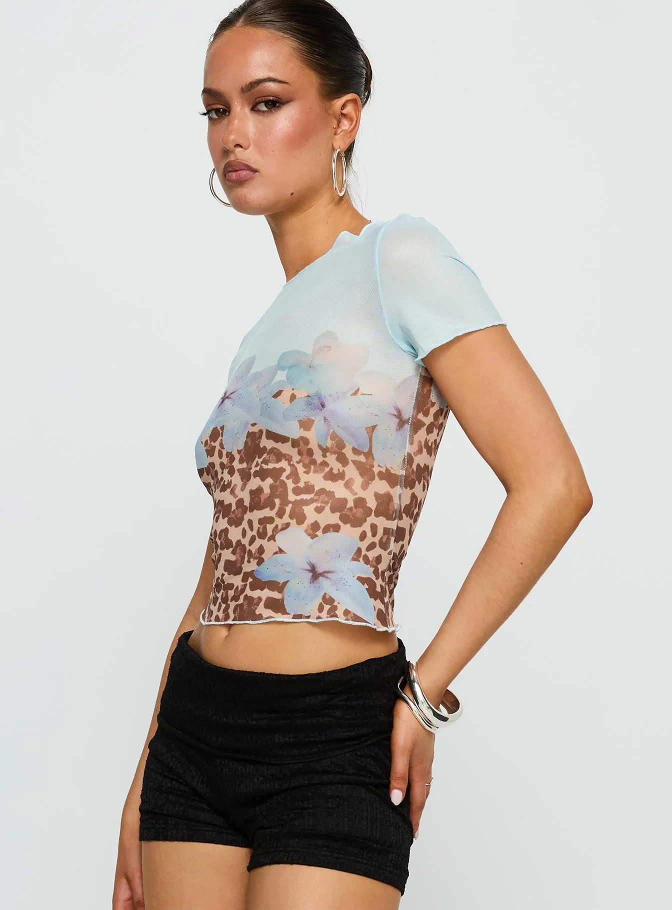 Pop Quiz Mesh Top Blue / Leopard Wrinkle Resistant Premium Cotton Blend