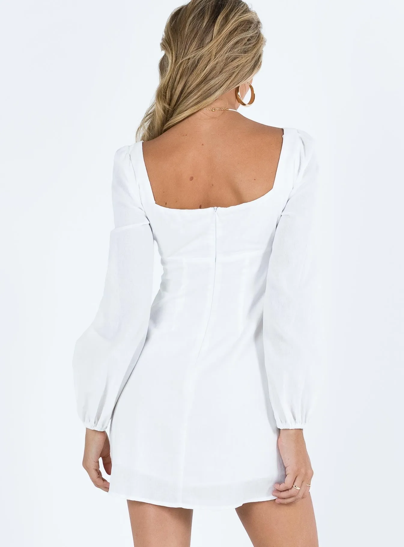 Hastings Long Sleeve Mini Dress White Adjustable drawstring Effortless Chic Wear