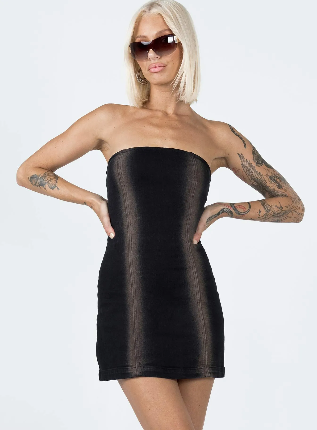 Bamboo Fiber Blend Diagonal Draping Effect Pre Show Denim Mini Dress Black