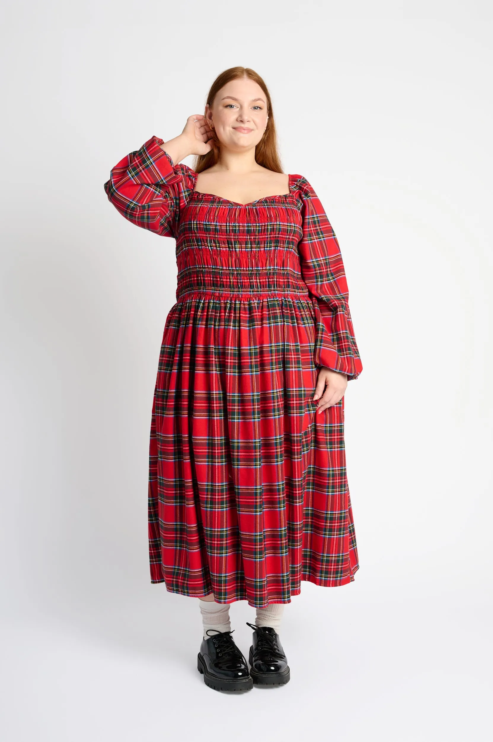 Music Mood Shirring Dress in Red Tartan
