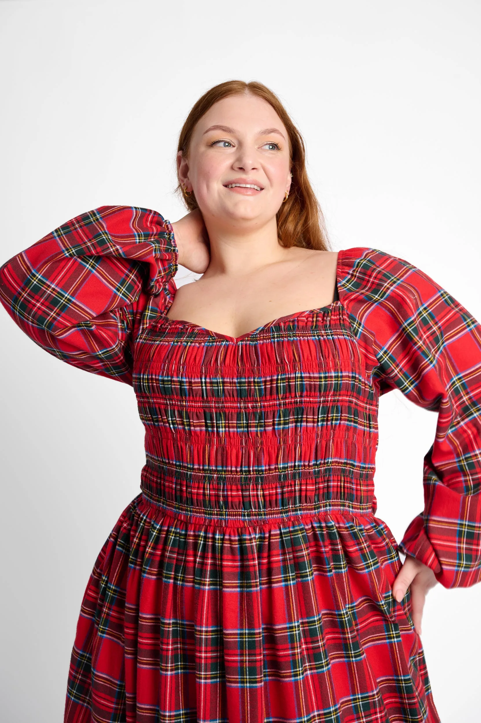 Metal Core Lean Glow Shirring Dress in Red Tartan