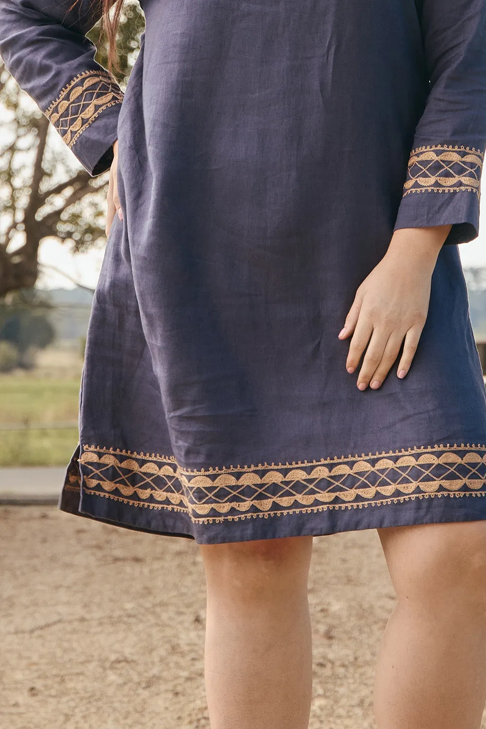 Boatneck Linen Shift Dress in Slate Royal Charm