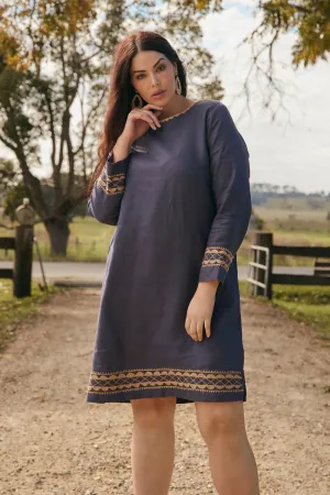 Boatneck Linen Shift Dress in Slate World Tone Fable Core