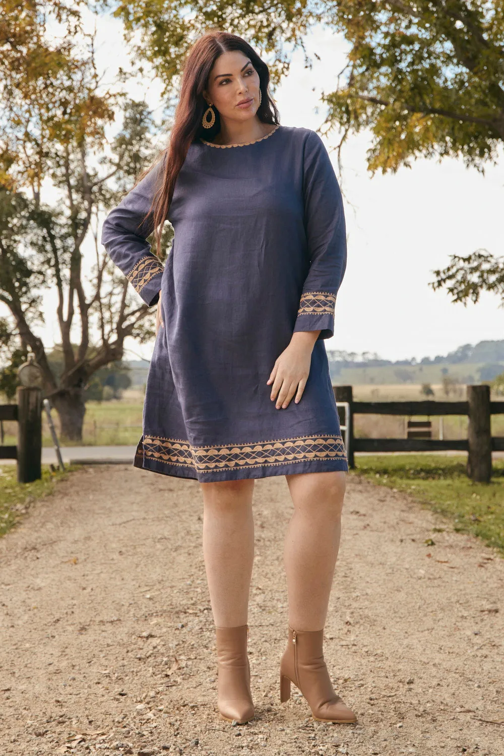 FadeResistant Dye Boatneck Linen Shift Dress in Slate