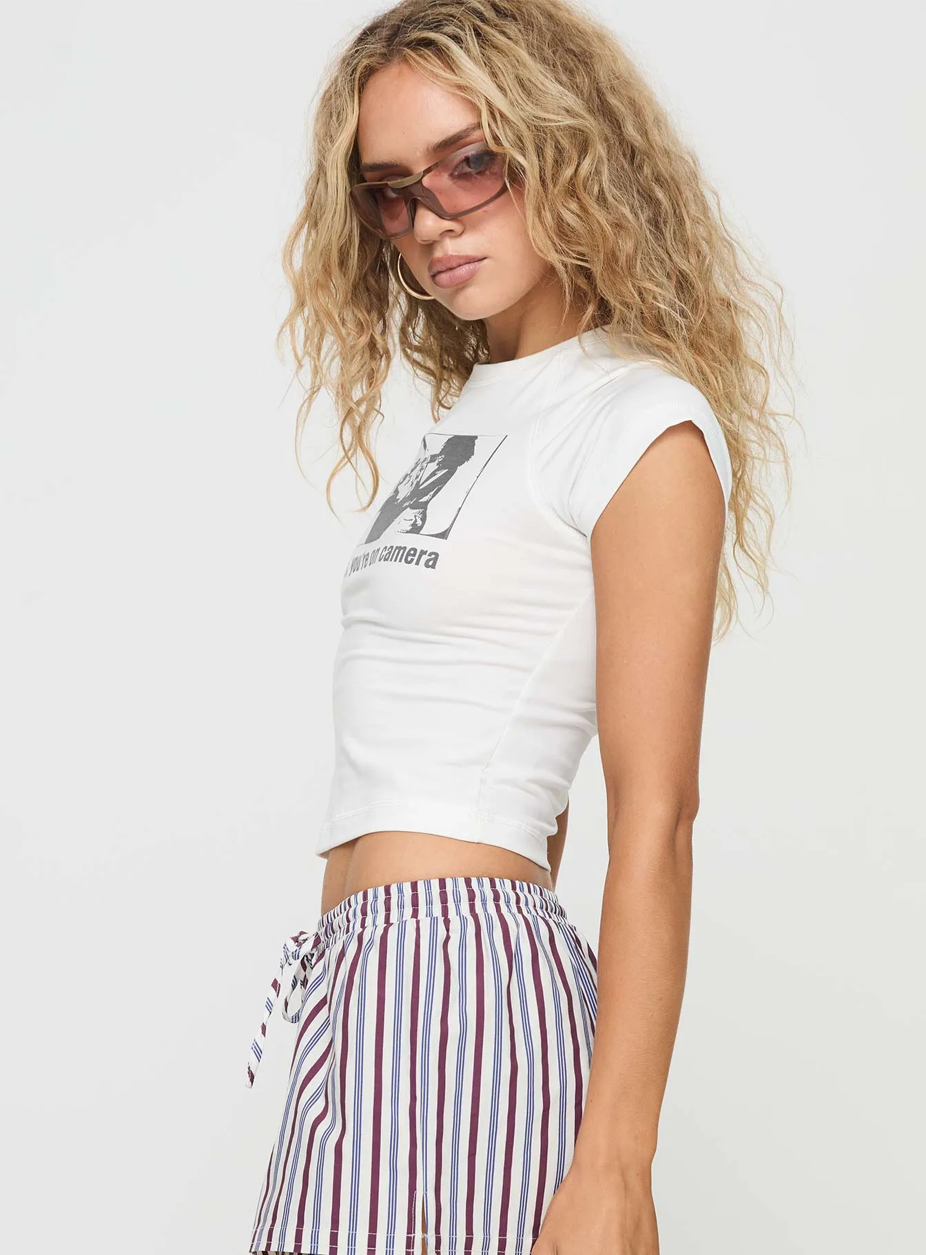 Lights Camera Tee White MinimalistStitching Beach relaxation