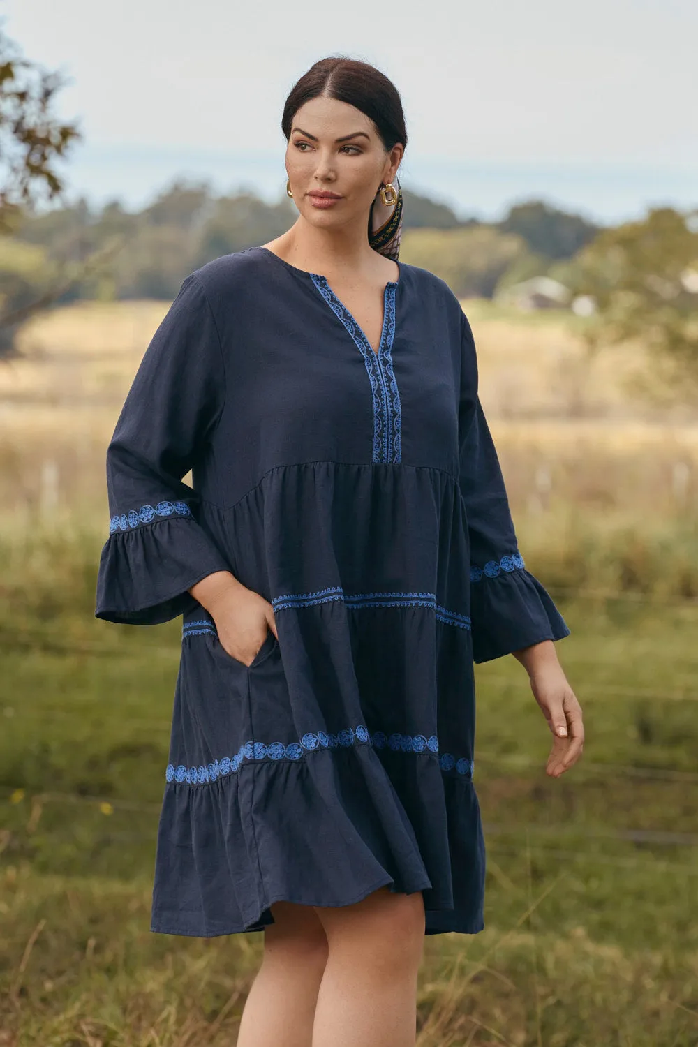 Train Ease Low Care Scout Tiered Dress in Navy Old Lace