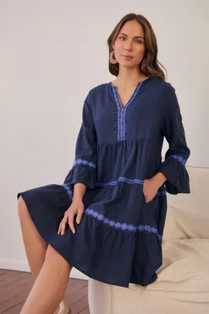 ButterySoftTexture MachineWashable Scout Tiered Dress in Navy Old Lace