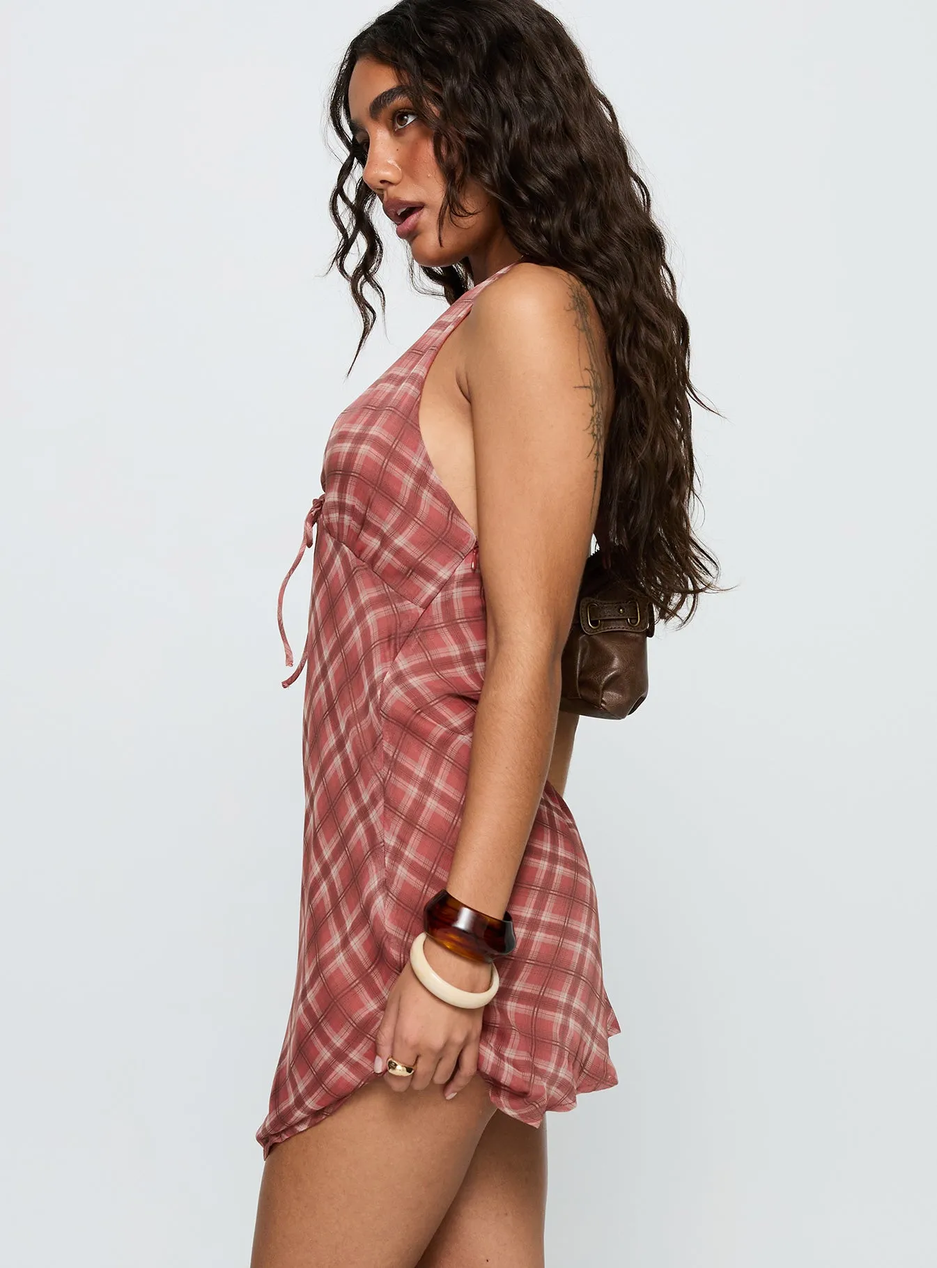 Laraline Halter Mini Dress Red Check Shine Mode Sexy Soul