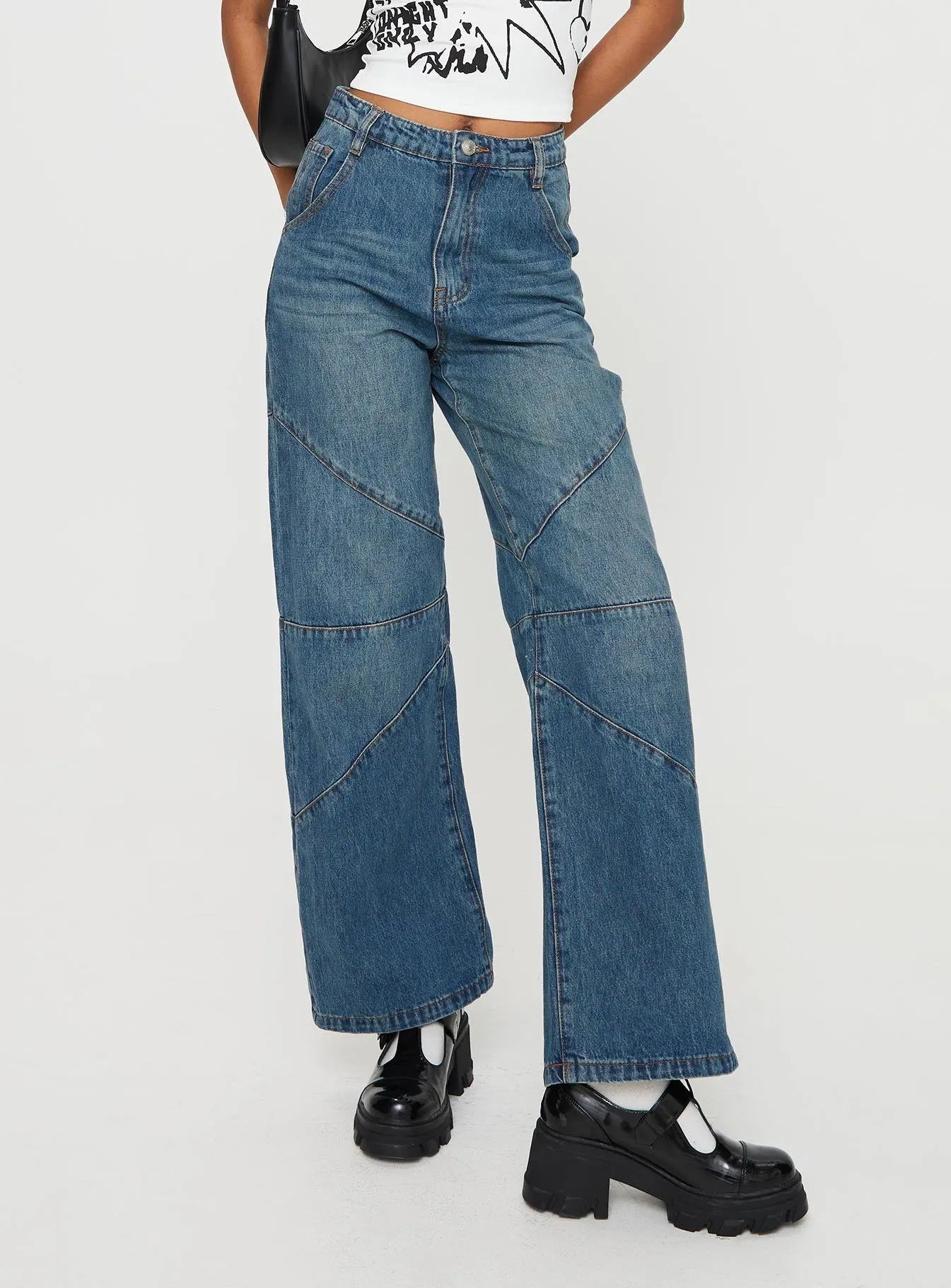elastic waistband Frenta Moto High Waisted Jean Rebel Blue