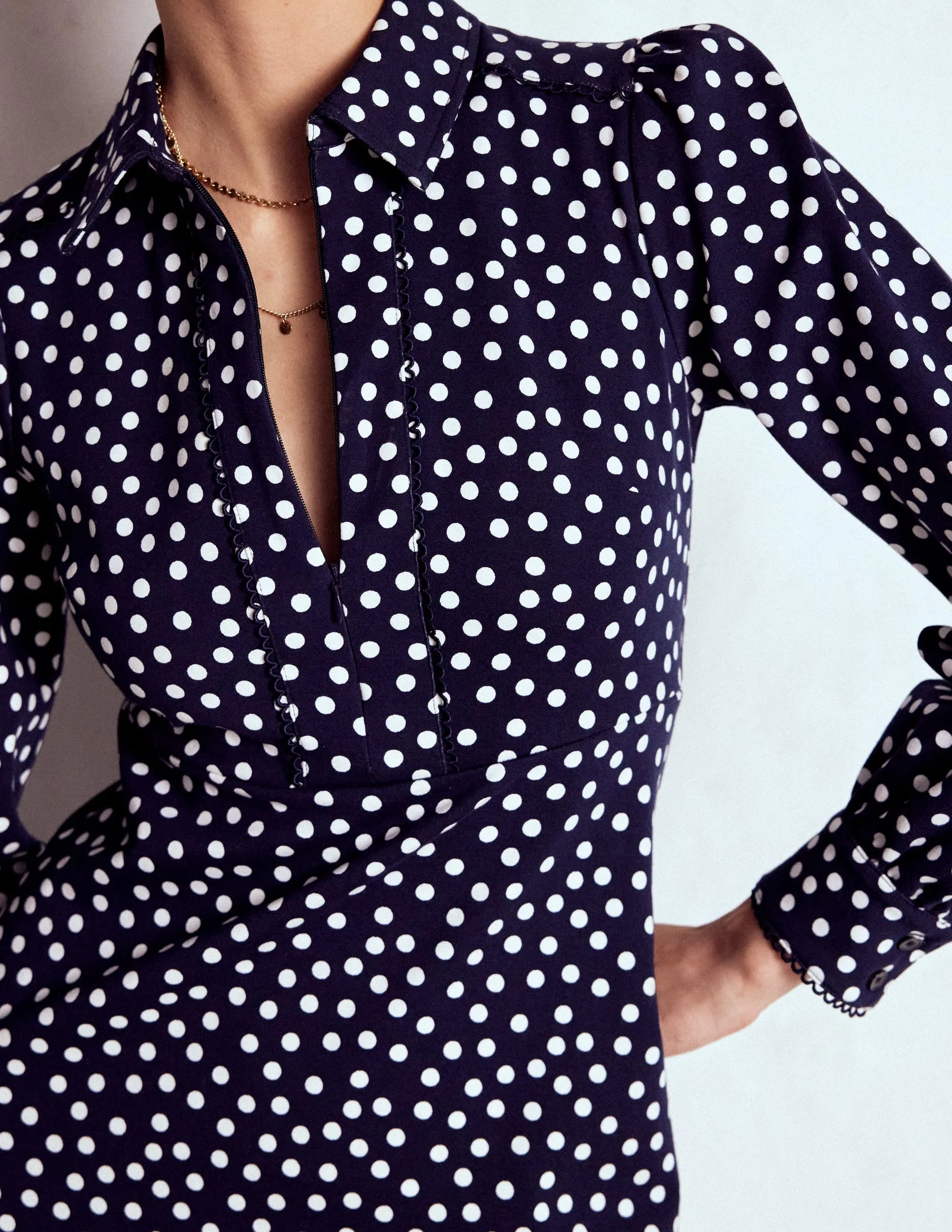 Pip Zip-Up Ponte Midi Dress-French Navy, Painted Dot Feminine casual piece Polished Look