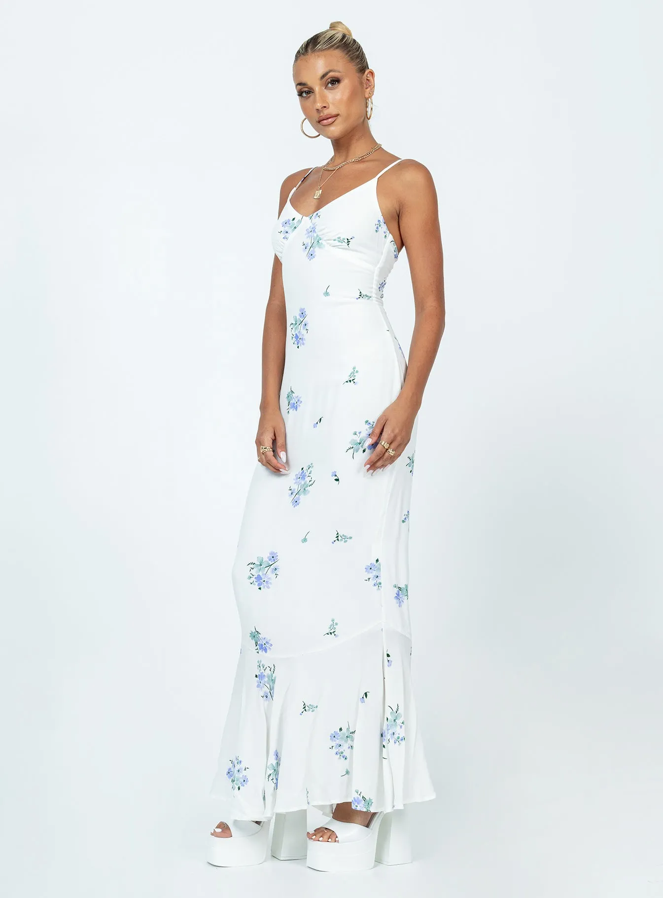 Sing Along Maxi Dress White / Blue Minimal Line