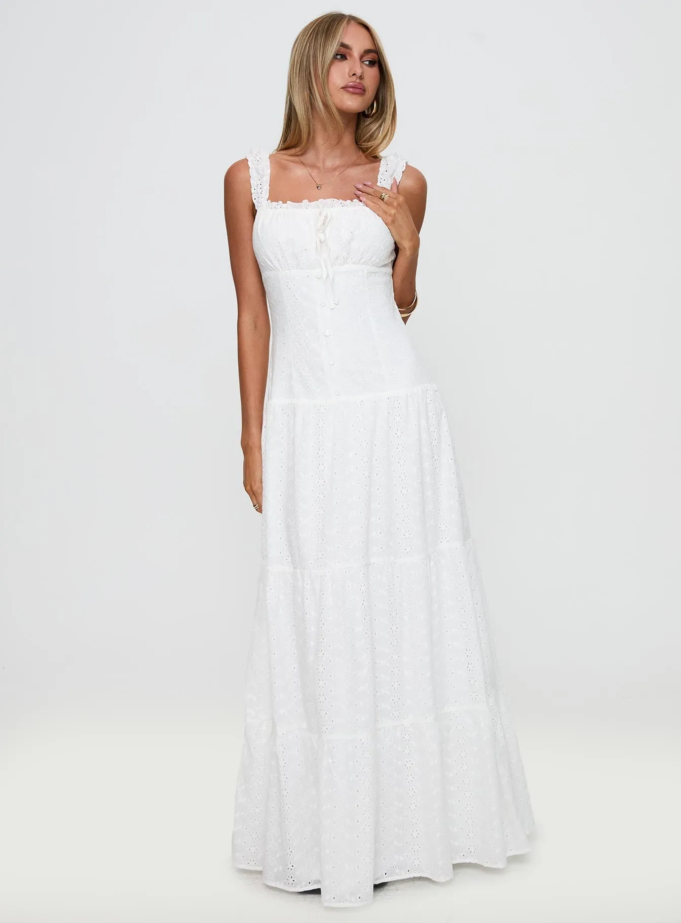 State Of Grace Embroidered Maxi Dress White Effortless vacation dress Steel Glow