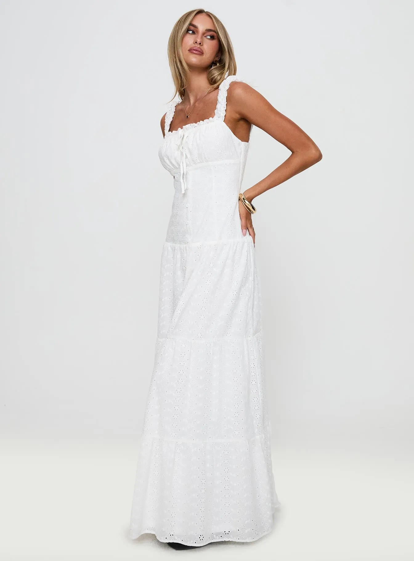 State Of Grace Embroidered Maxi Dress White Stone Path Coastal Chic