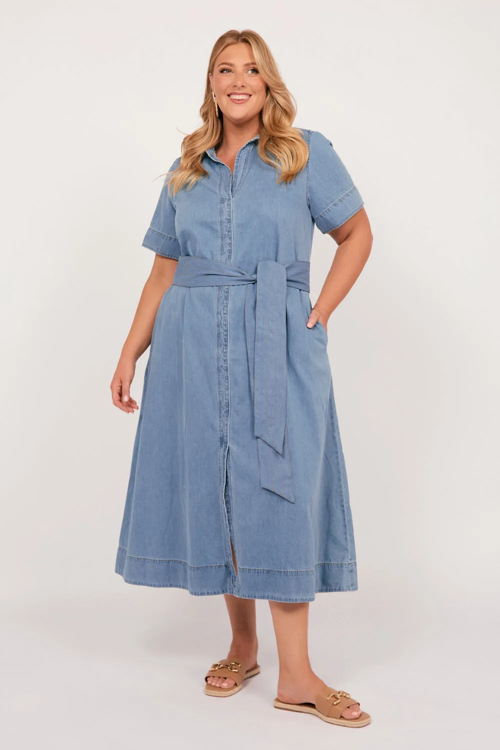 Anna Chambray Maxi Dress in Light Wash Snow Path New Yorker