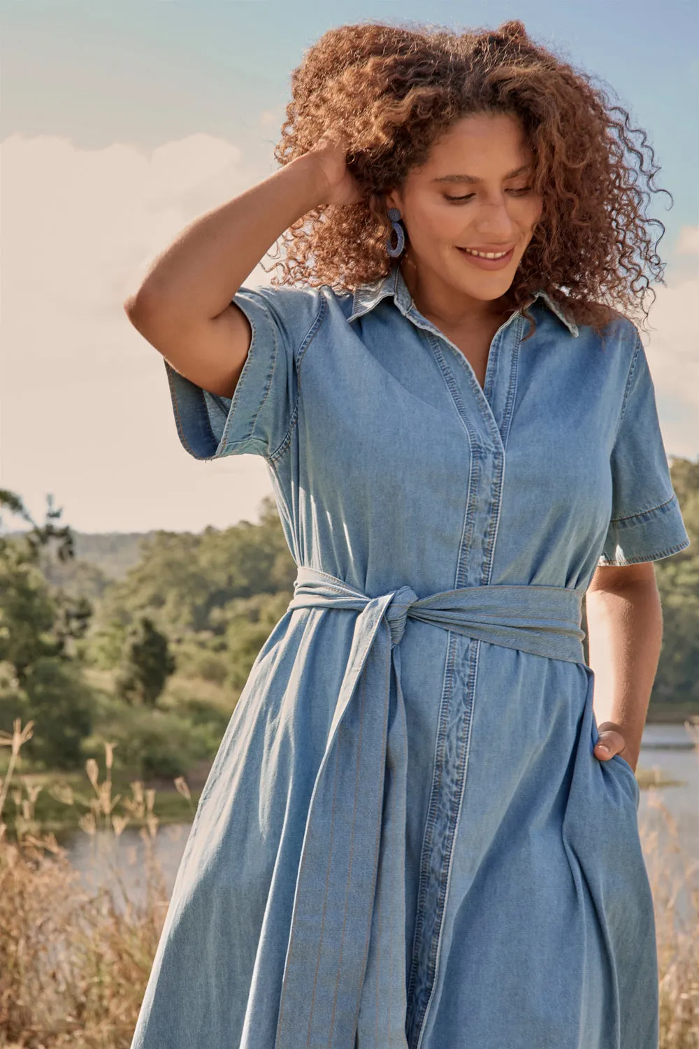Brass Light Blue Hour Anna Chambray Maxi Dress in Light Wash