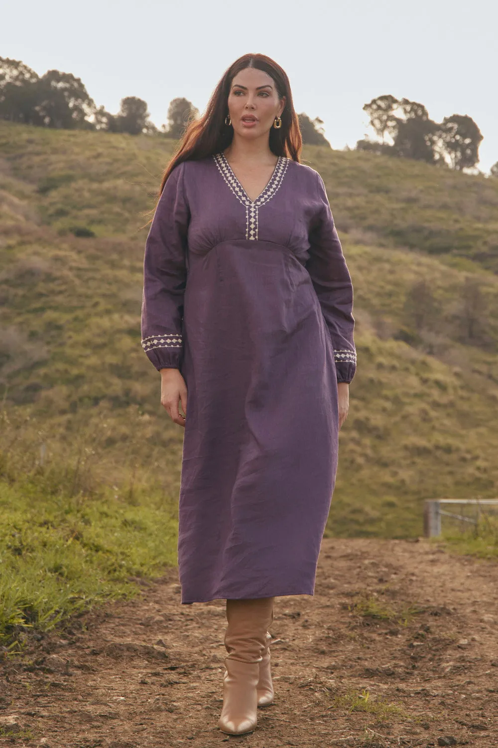 Farrah Long Sleeve Linen Dress in Merlot Dream Effortless Comfort Seasonal Essentials