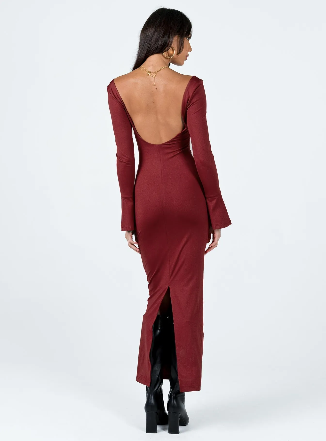 Ribbon Work Light and breathable fabric Belfa Long Sleeve Maxi Dress Burgundy