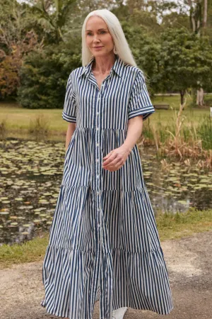 Host Smile Minimalist Girl Sabre Button Through Dress in Navy Stripe