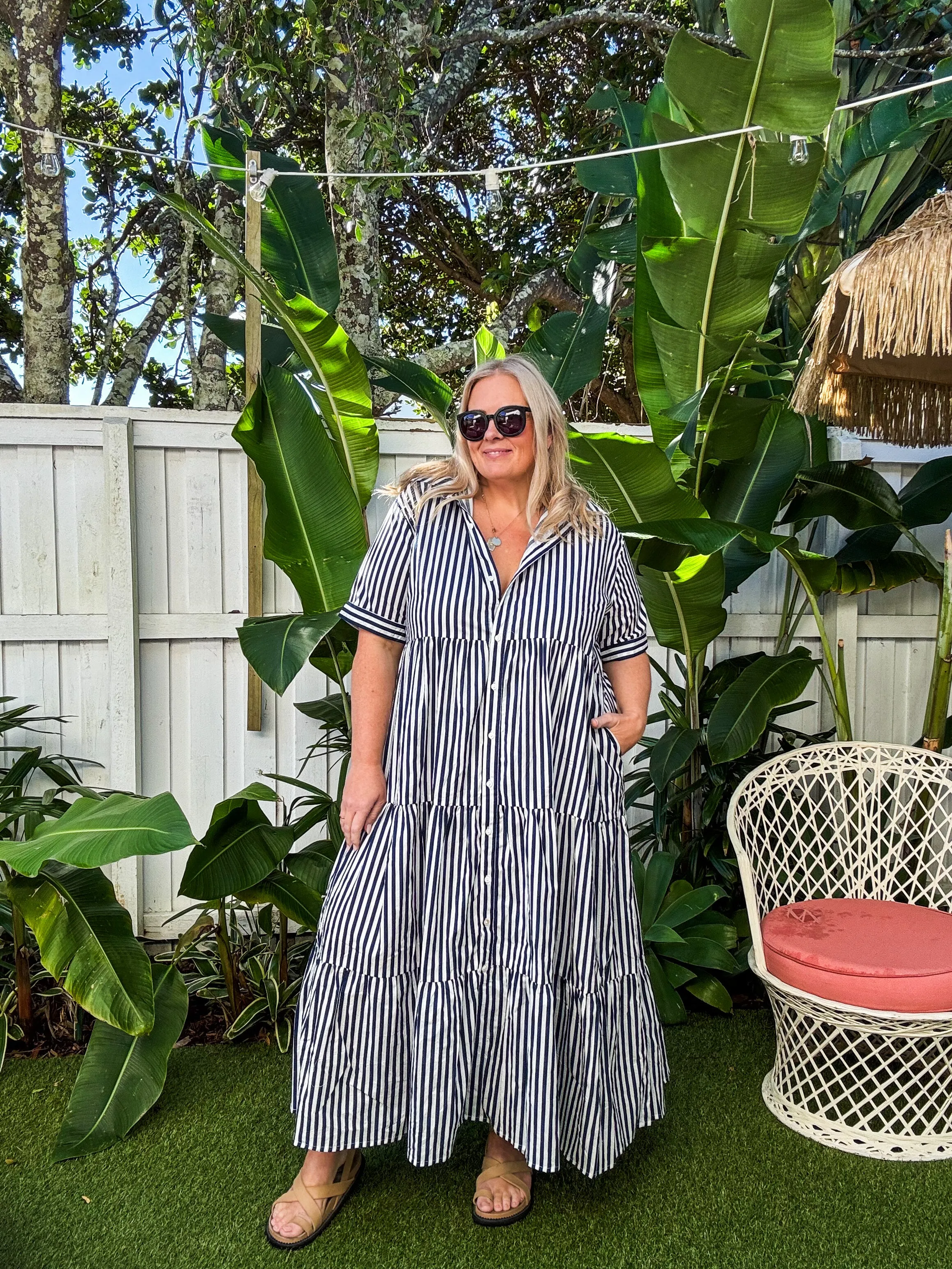 Pasture View Mist Valley Sabre Button Through Dress in Navy Stripe
