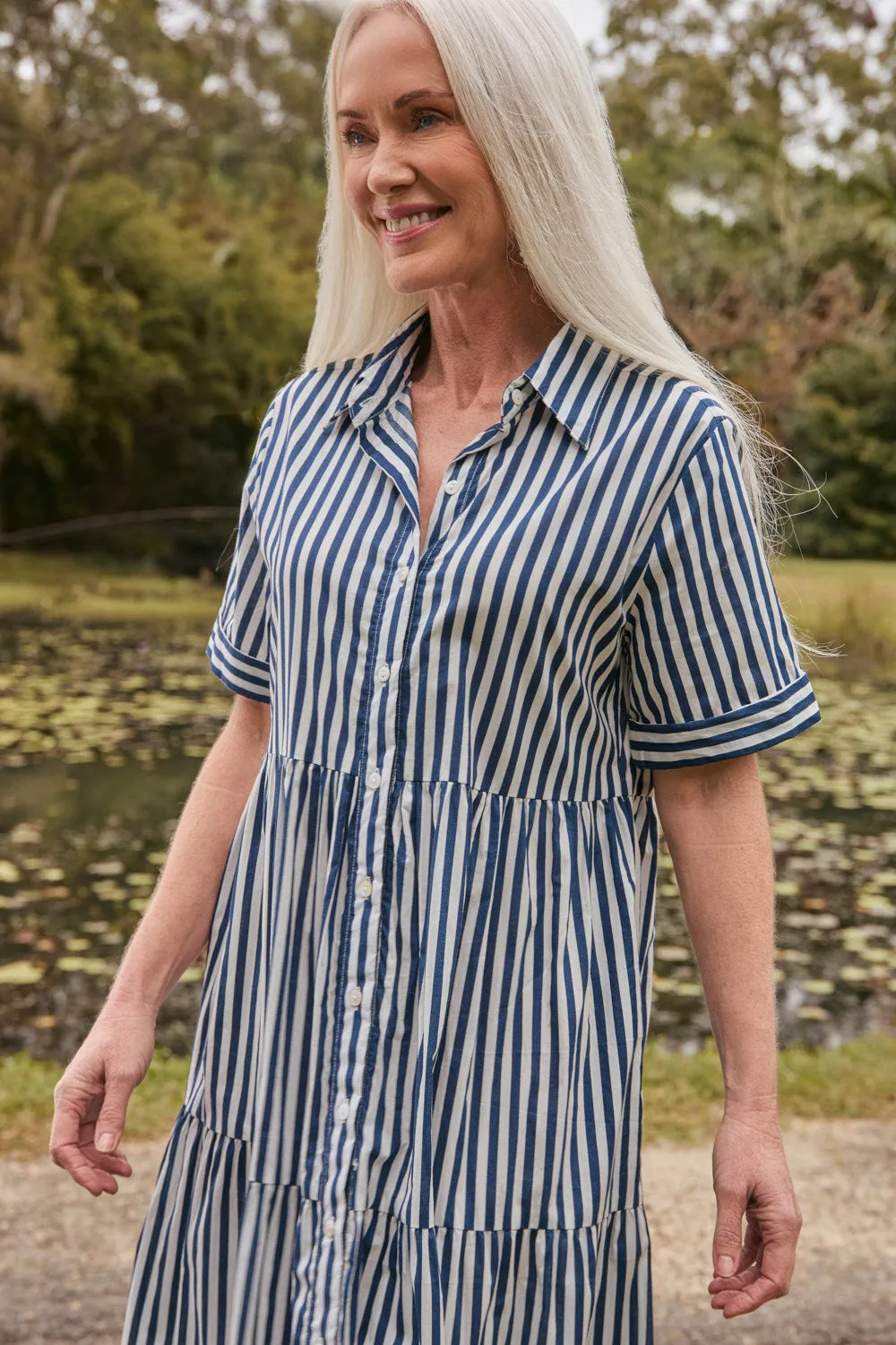 Sabre Button Through Dress in Navy Stripe Book Cafe Comfortable Wardrobe