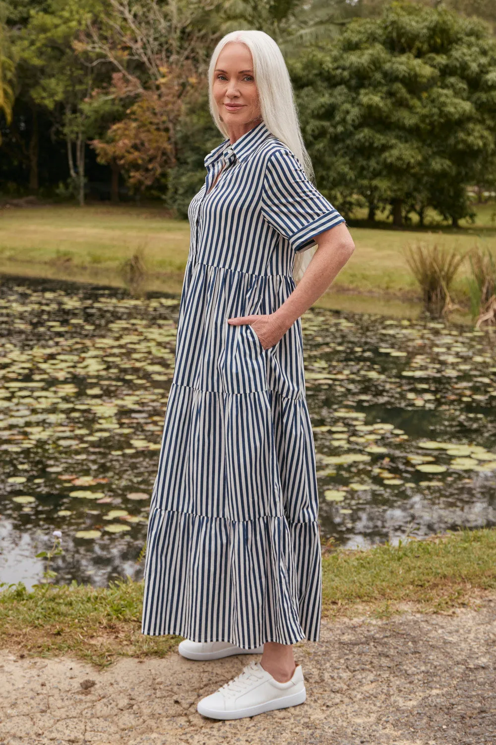 Elegant Layers Silk Flow Sabre Button Through Dress in Navy Stripe
