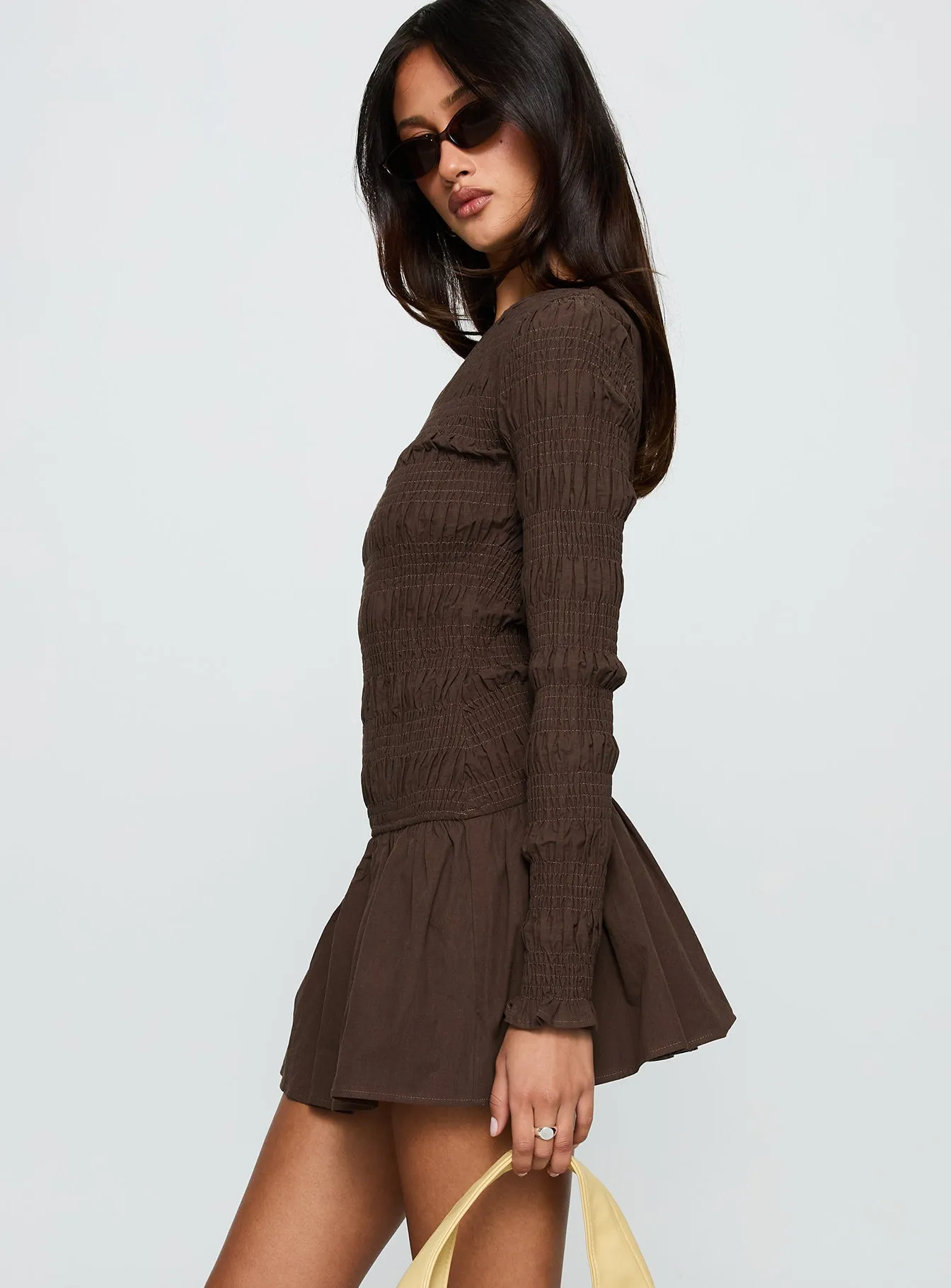 Jheanell Long Sleeve Mini Dress Brown Simple Chic Vibrant Design