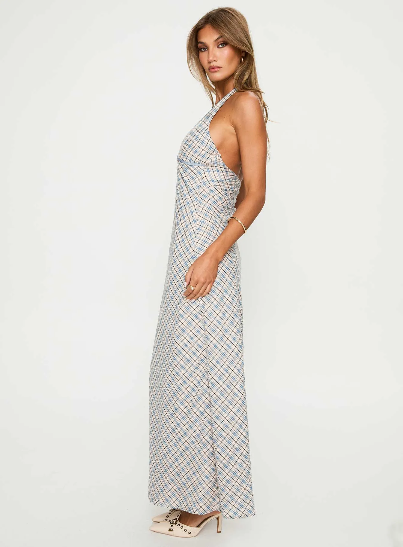 Happy Vibe Vintage Love Evienna Halter Maxi Dress Blue Check