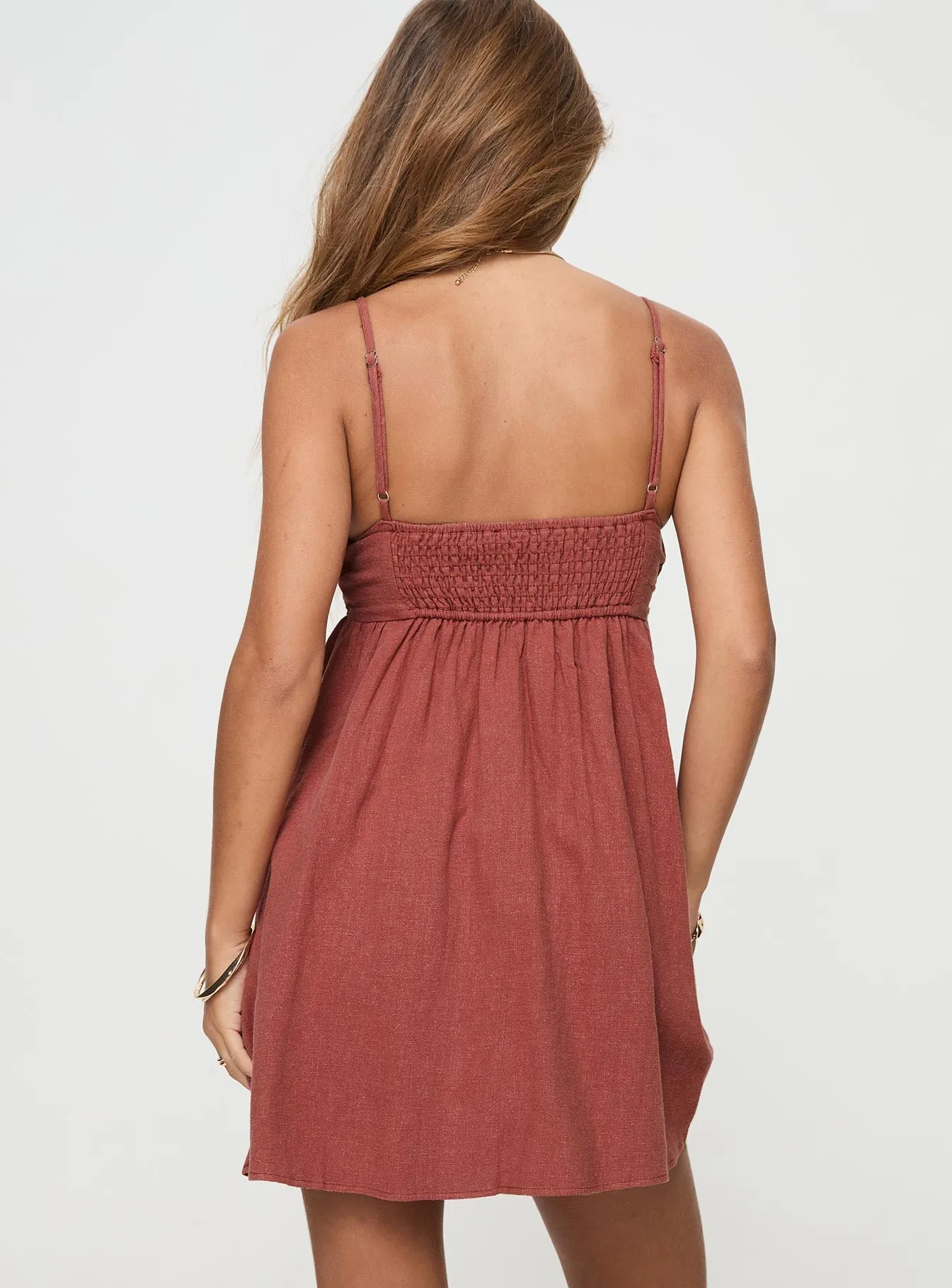 Lunde Linen Blend Mini Dress Burnt Rust Full Circle Skirt Pattern