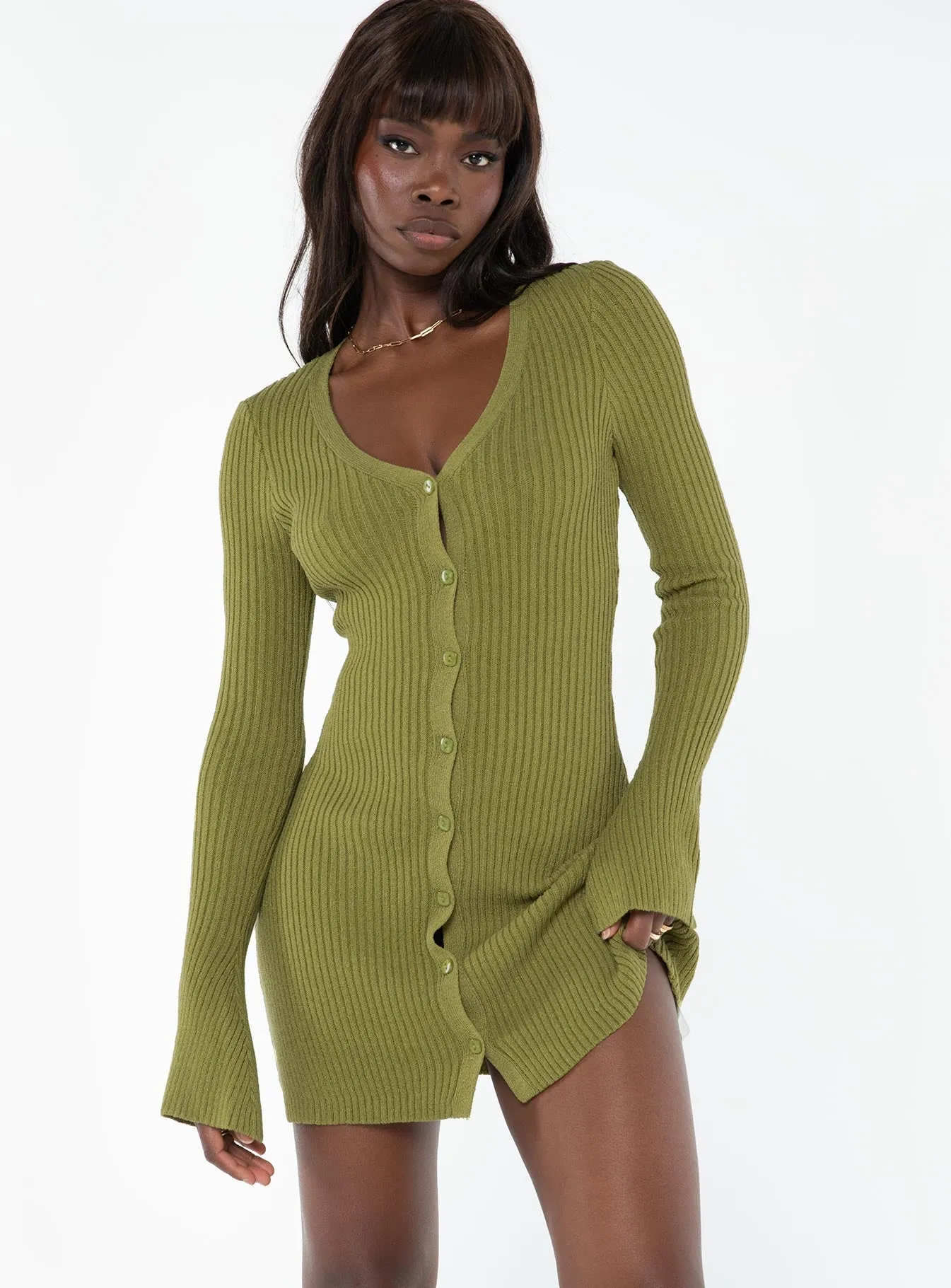 Waldin Long Sleeve Mini Dress Olive Light Warm