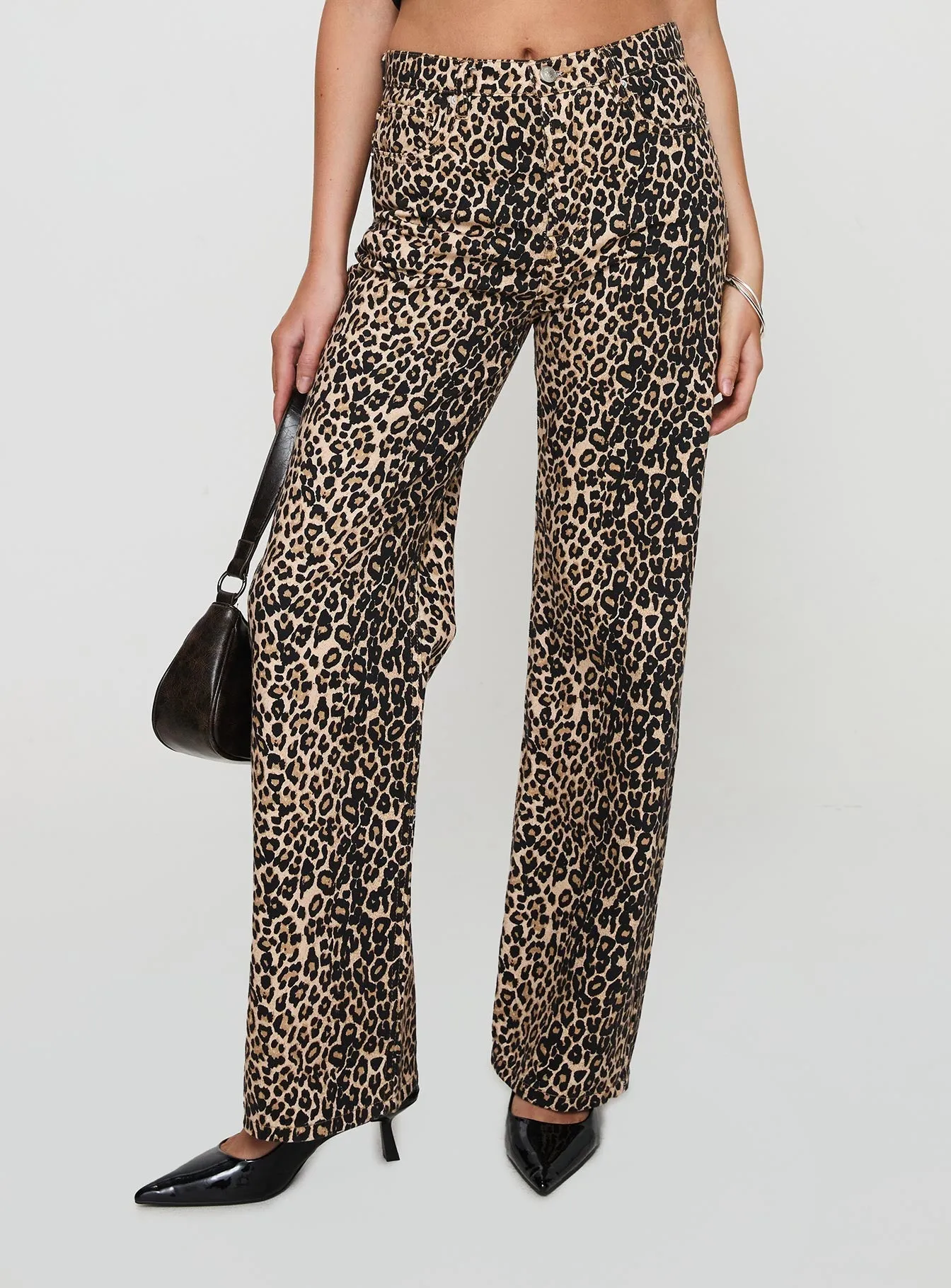 Pezzi Mid Rise Straight Leg Jeans Leopard Night Out City Walk Minimalist Flexible Waist