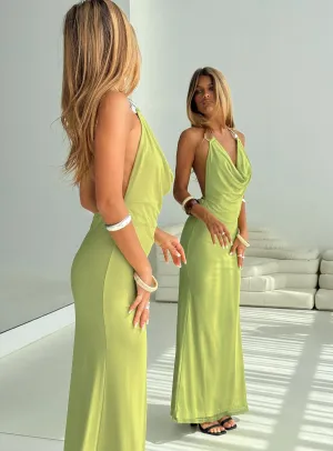 The relaxed fit of this maxi dress ensures all-day comfort while maintaining a stylish look Metallic Pop Rhaenyra Halter Maxi Dress Green