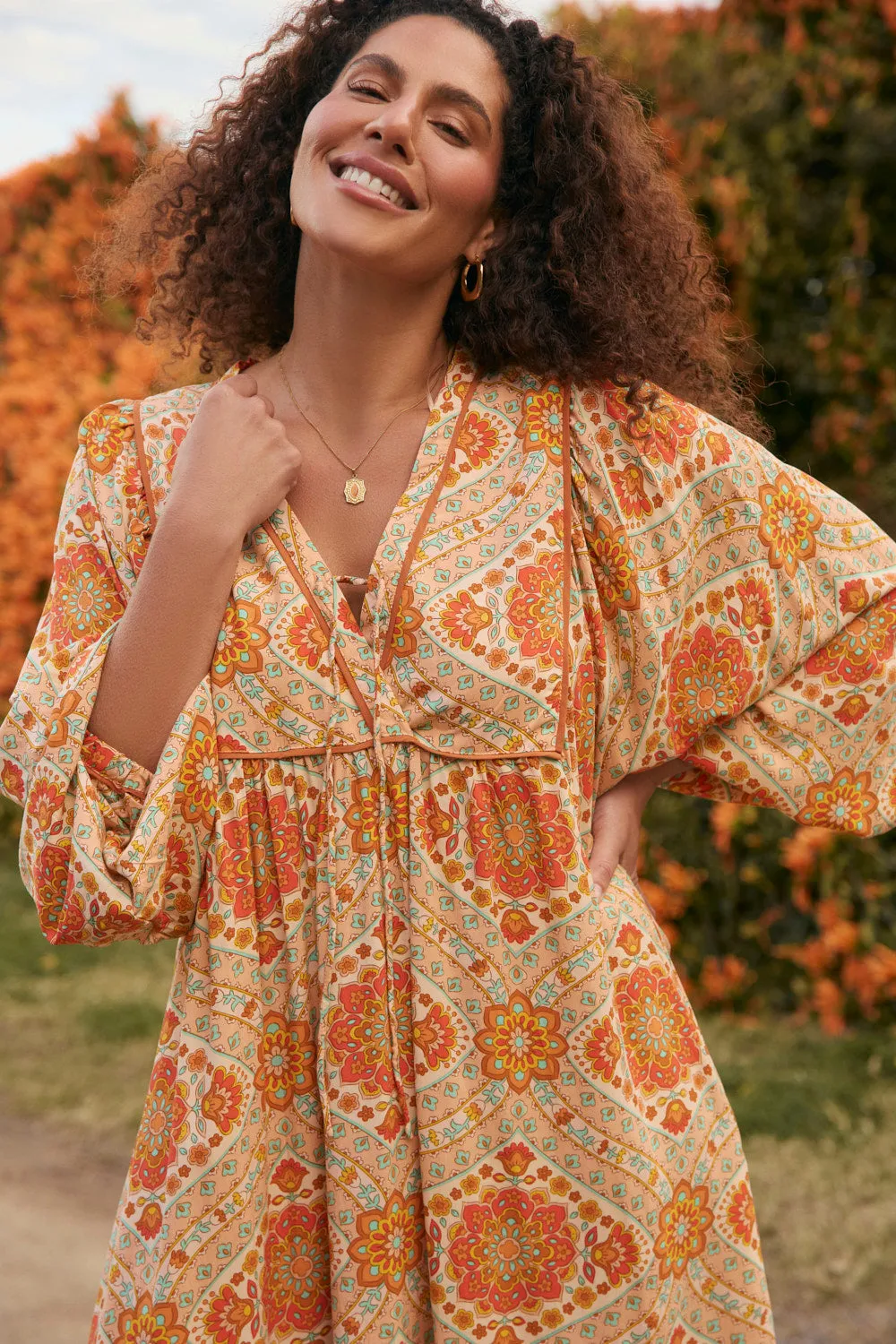 Feminine stylish midi Wearable Art Cairo Billow Sleeve Dress in Aquarius