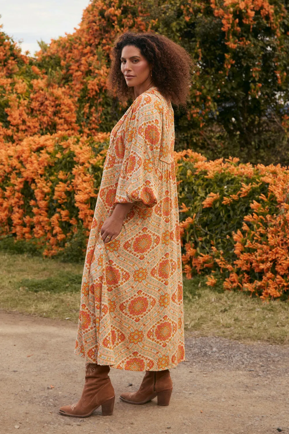 Cairo Billow Sleeve Dress in Aquarius Sunday Stroll
