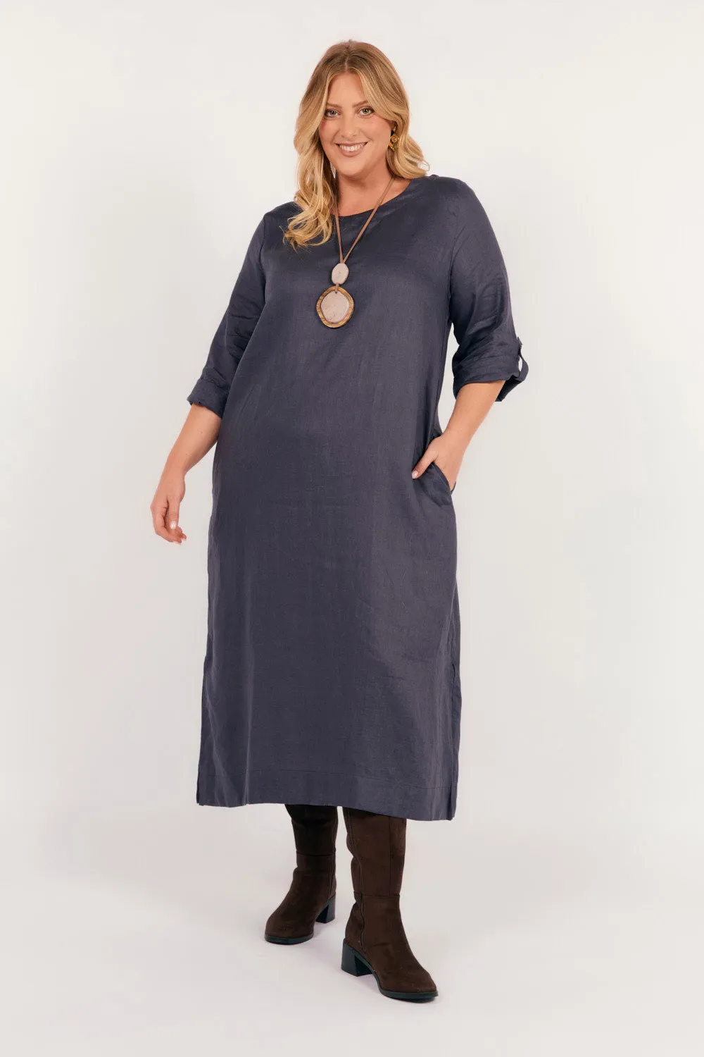 Jarla Linen Midi Dress in Charcoal Casual Elegance Taxi Line