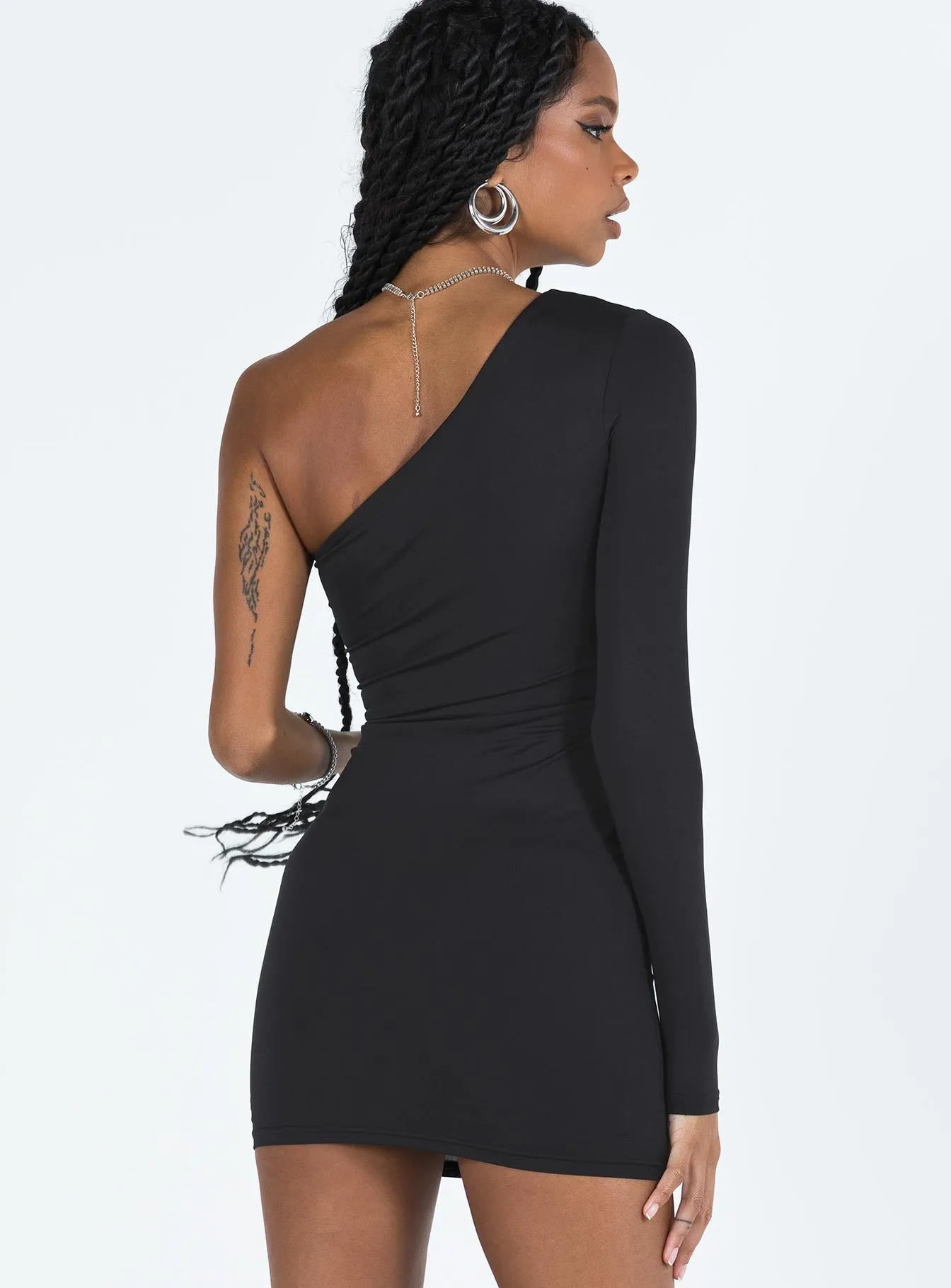 Tomer One Shoulder Mini Dress Black Light Glow Layered Ruffle Accent